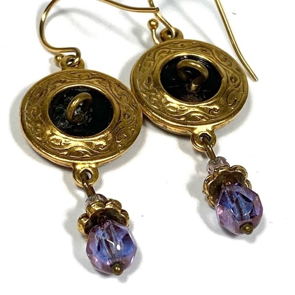 Earrings Dangles Drops Gold Tone Purple Crystals Buttons - Picture 10 of 11